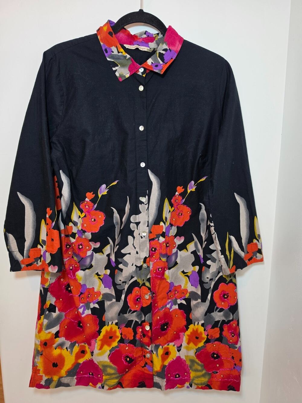 Soft Surroundings Black Floral Beaded Tunic Dress Size L Leaf Floral Boho